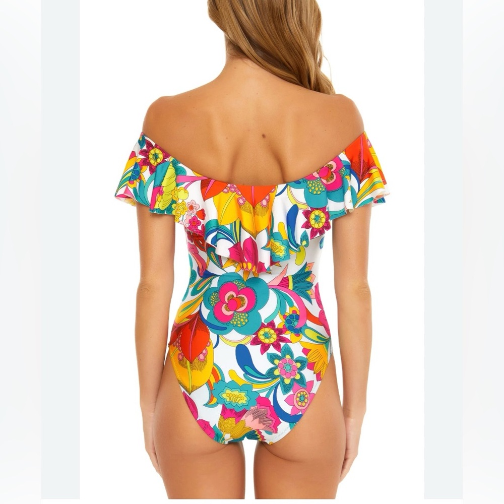 NWT TRINA TURK FONTAINE OFF‎ THE SHOULDER RUFFLE ONE PIECE SWIMSUIT Multi 10 - Picture 6 of 8